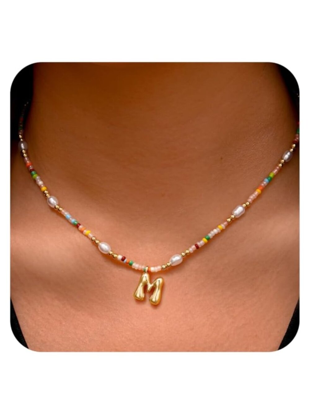 Handmade Beaded Initial Necklace Gold Plated Brass Pendant 16.5+2 Inch